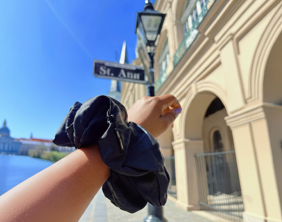 Hand with an oversized scrunchie on St. Ann Street in New Orleans